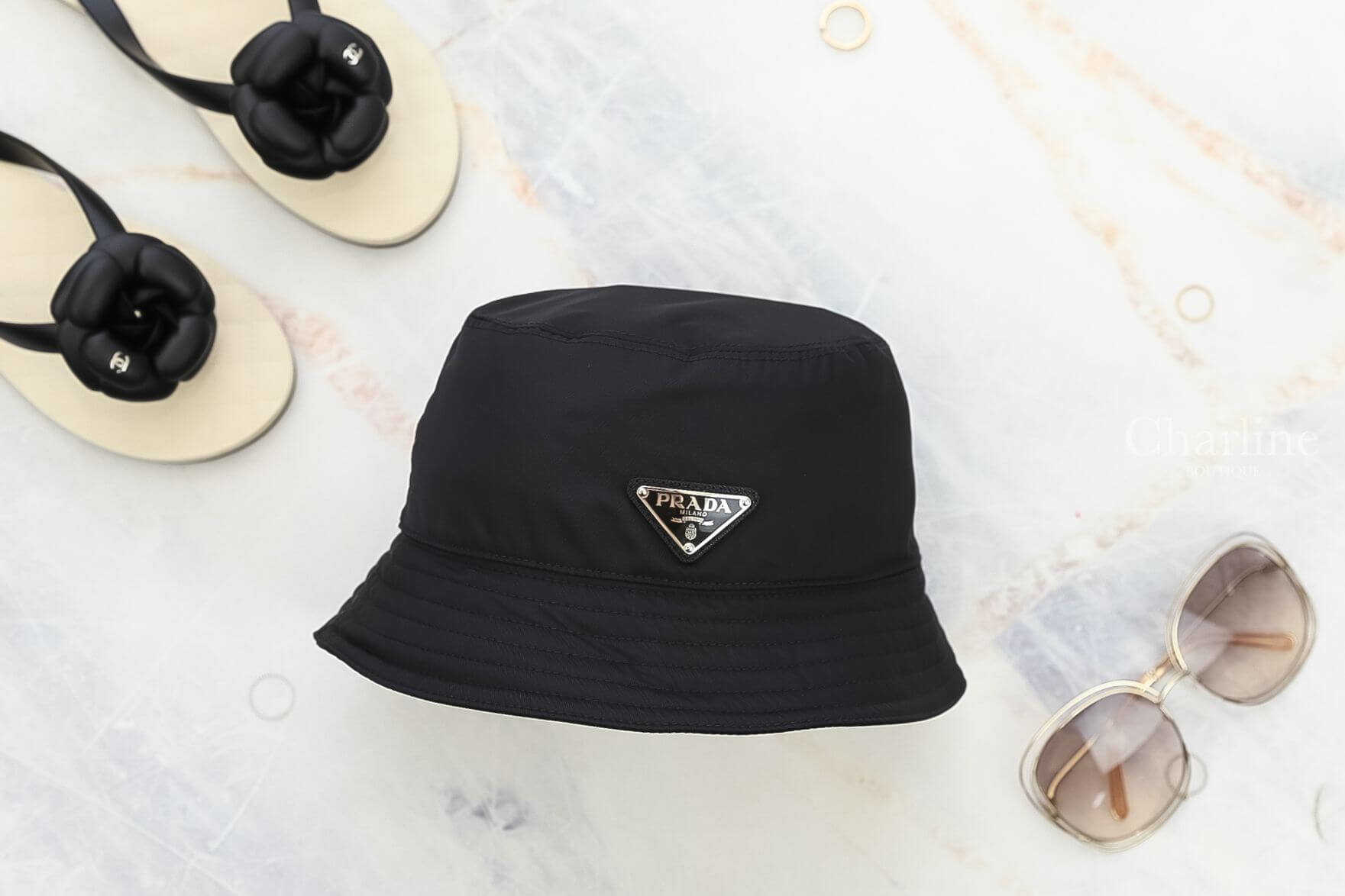 Prada Nylon Cap 黑色三角銀字Logo尼龍漁夫帽-Charline Boutique 精品代購