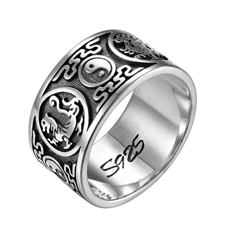 純銀戒指，男士戒指 四神獸祥瑞之獸：青龍、白虎、朱雀、玄武 可當項鍊（6713）