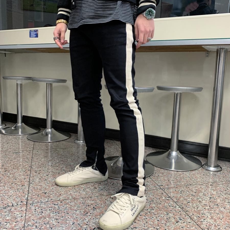 韓國 側白線織帶黑色拉鍊牛仔褲