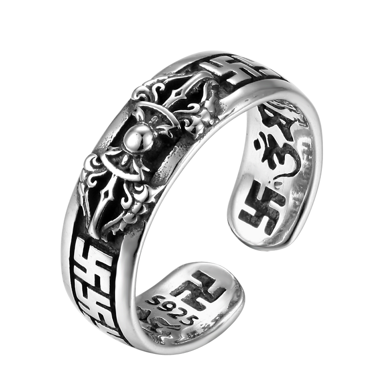 純銀戒指，男士尾戒 浮雕金剛杵；六字箴言大明咒（9168）