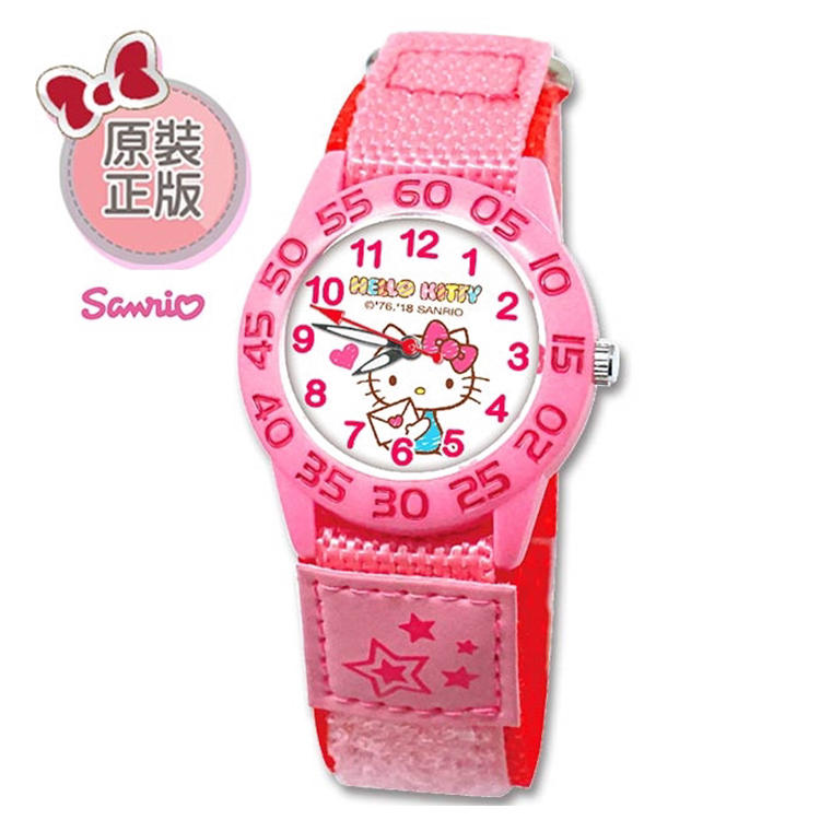 【三麗鷗】Hello Kitty雙色尼龍自黏織帶錶 (粉紅)