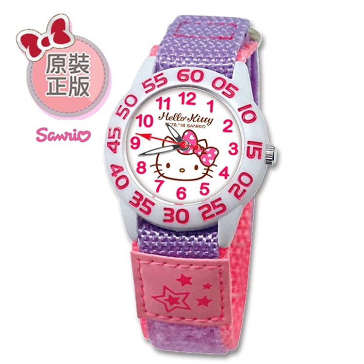【三麗鷗】Hello Kitty雙色尼龍自黏織帶錶 (紫粉)