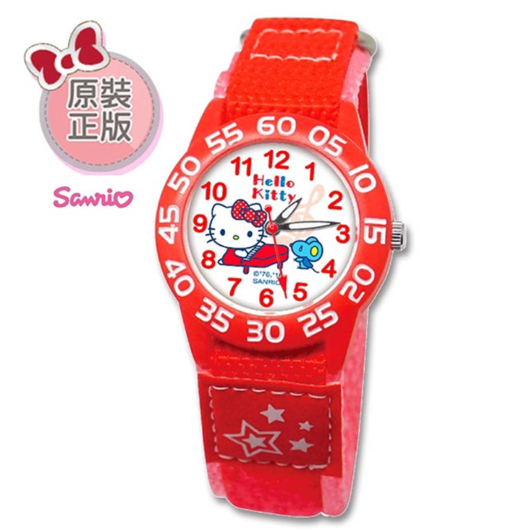 【三麗鷗】Hello Kitty雙色尼龍自黏織帶錶 (紅粉)