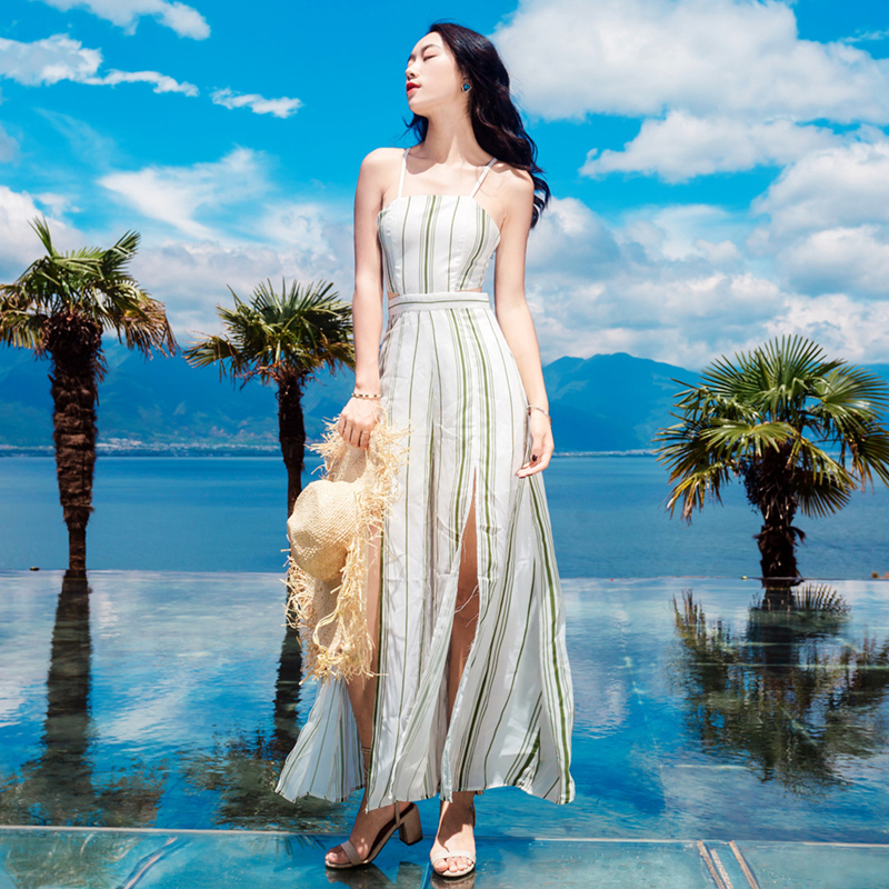 渡假女神風 簡約條紋露背開衩褲裙