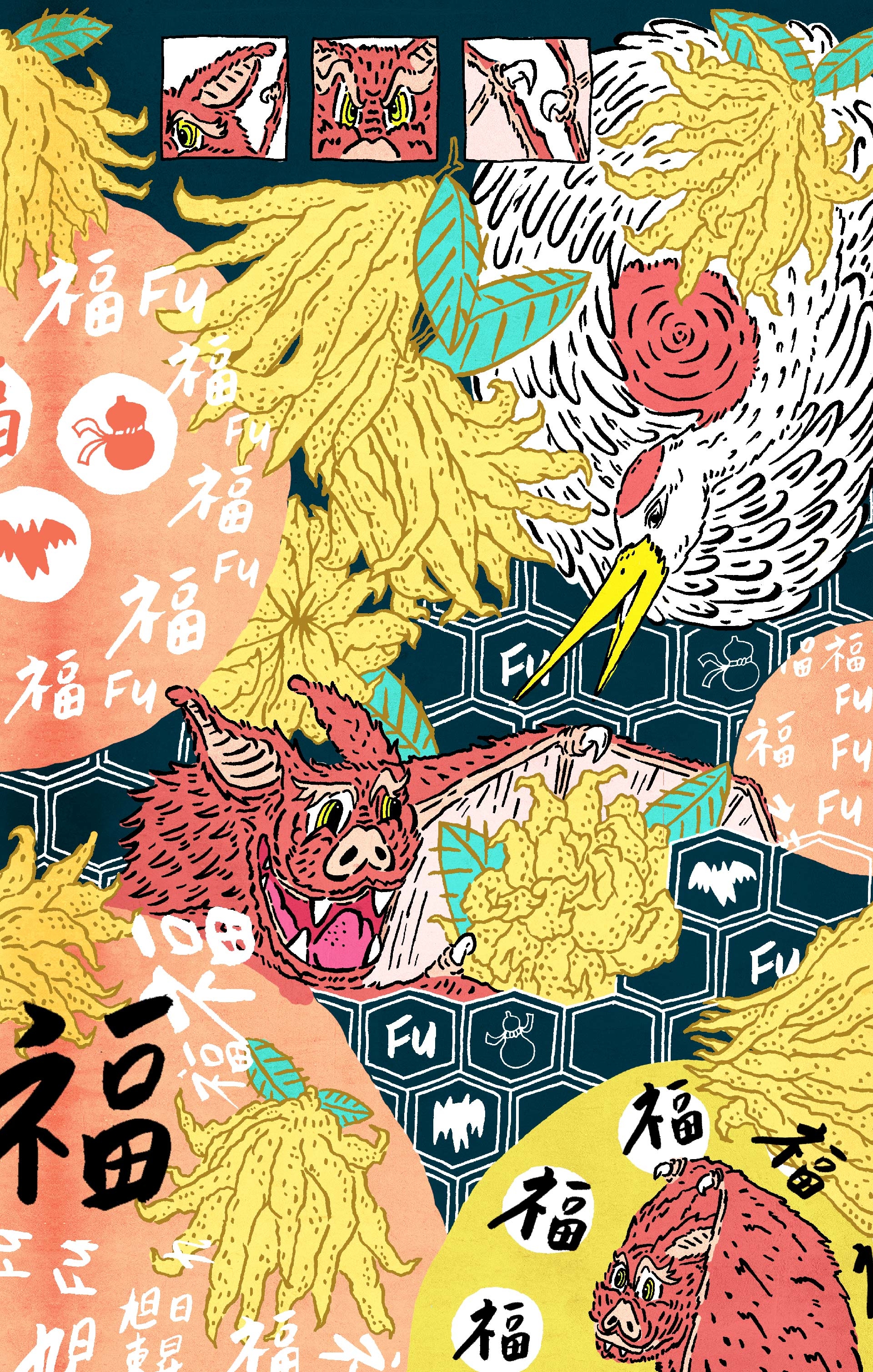 福滿盈門佛手瓜蝙蝠的插畫設計