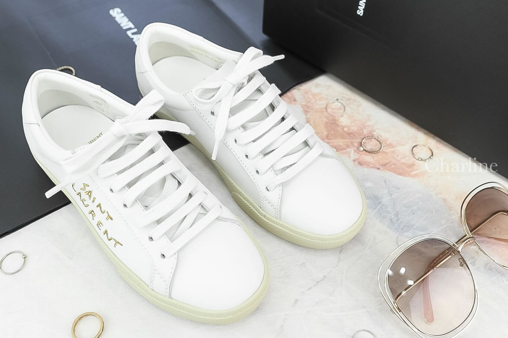 Saint Laurent Court Classic SL/06 Embroidered Sneakers In Leather 白色皮革金色刺繡 Logo 運動鞋