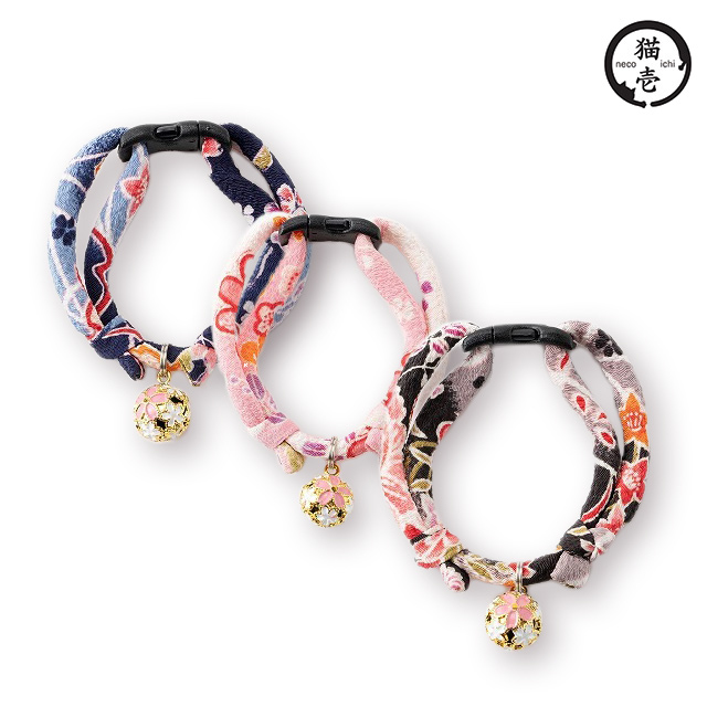 貓壹 手工和風安全項圈 縐綢櫻花鈴