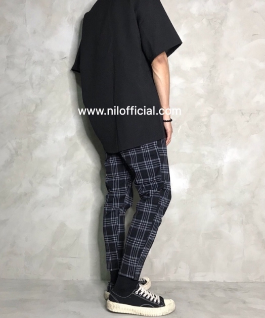 韓國 黑灰 九分 格紋 彈性褲