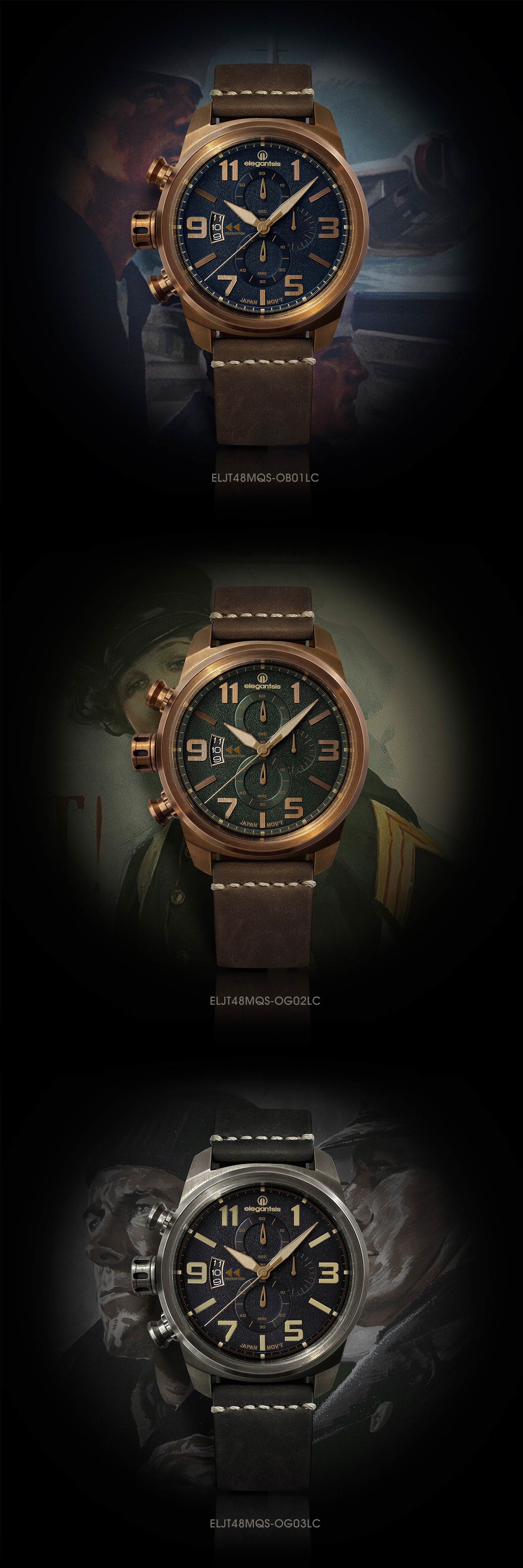 萬年鐘錶 - elegantsis 愛樂時 JF48  復古軍事錶 (綠) ELJT48MQS-OG02LC 錶徑45.5MM