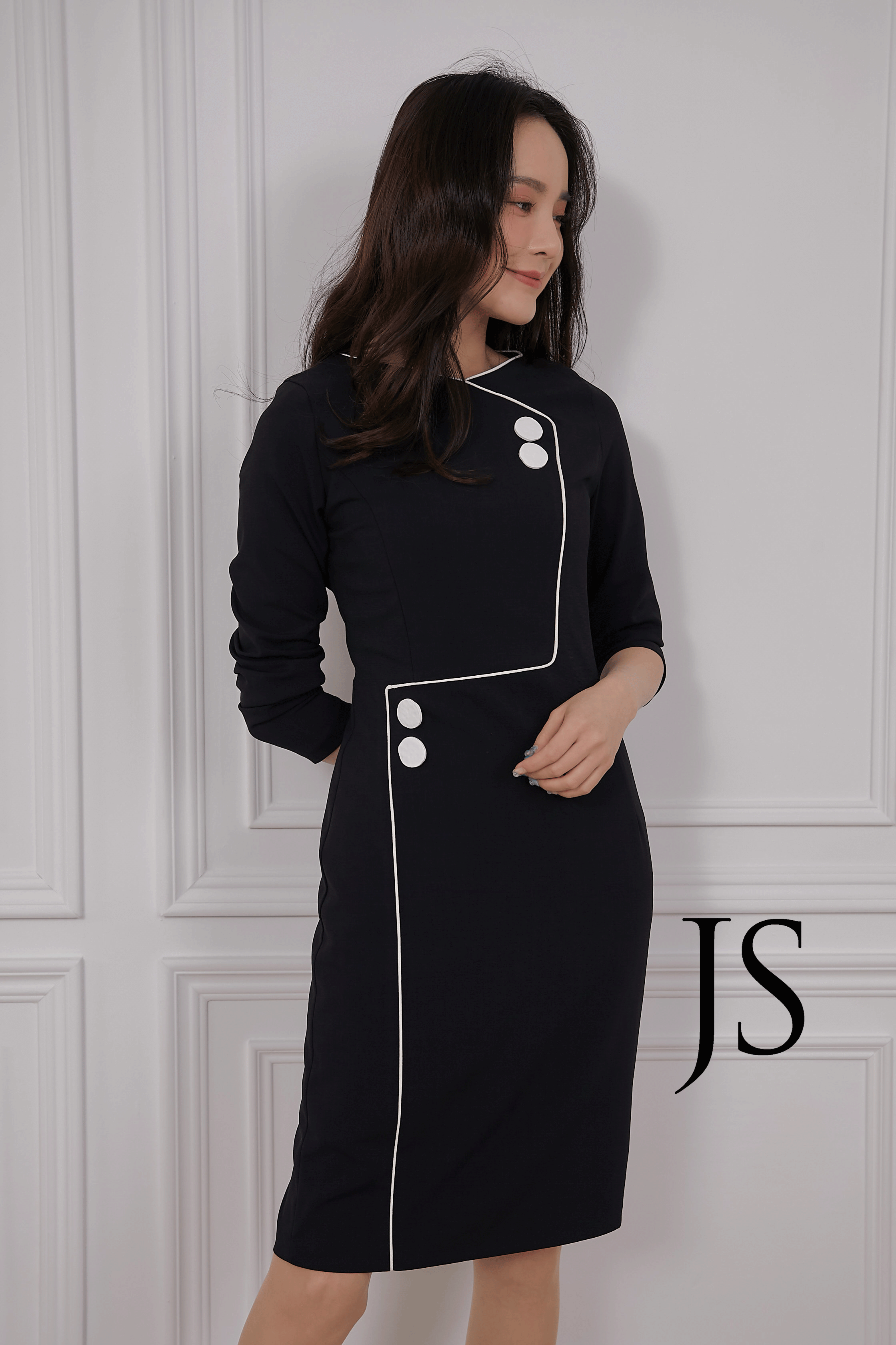 雙圓釦造型洋裝(黑/S)