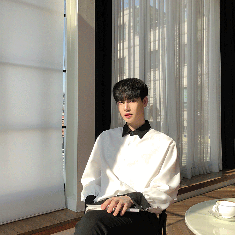 撞色翻領質感長袖襯衫 / M / 不提供退換貨