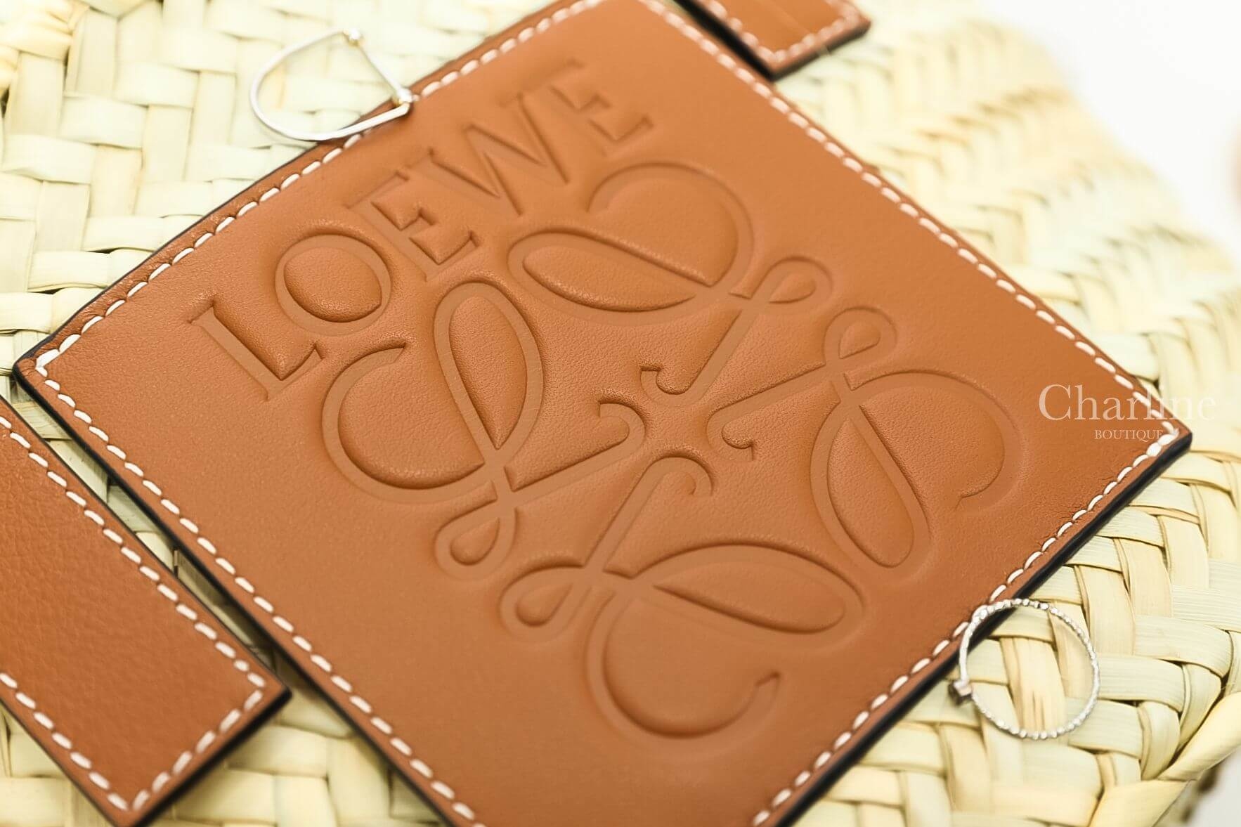 Loewe Small Basket Bag In Palm Leaf And Calfskin 棕褐色小型手提草編包