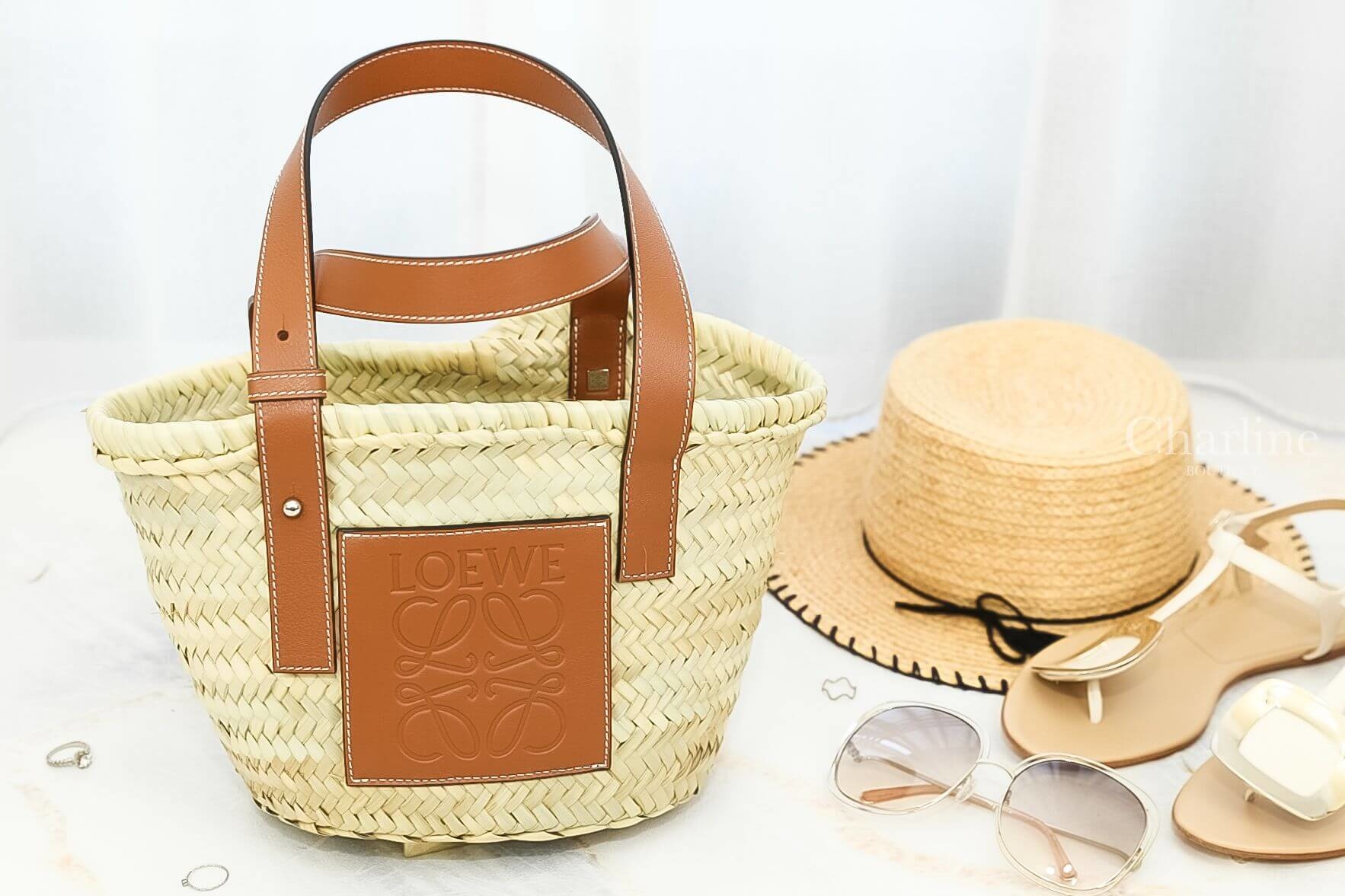 Loewe Small Basket Bag In Palm Leaf And Calfskin 棕褐色小型手提草編包
