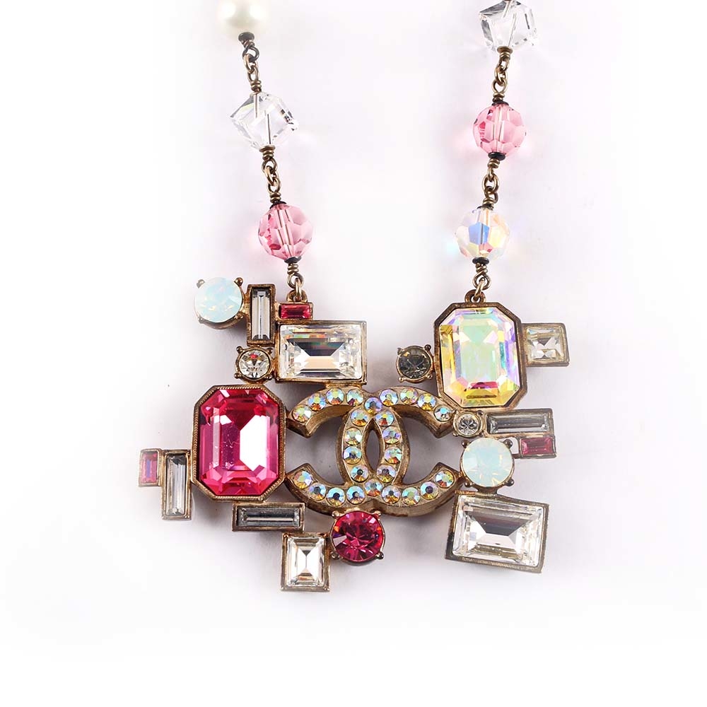 【CHANEL】CC LOGO粉色寶石造型項鏈