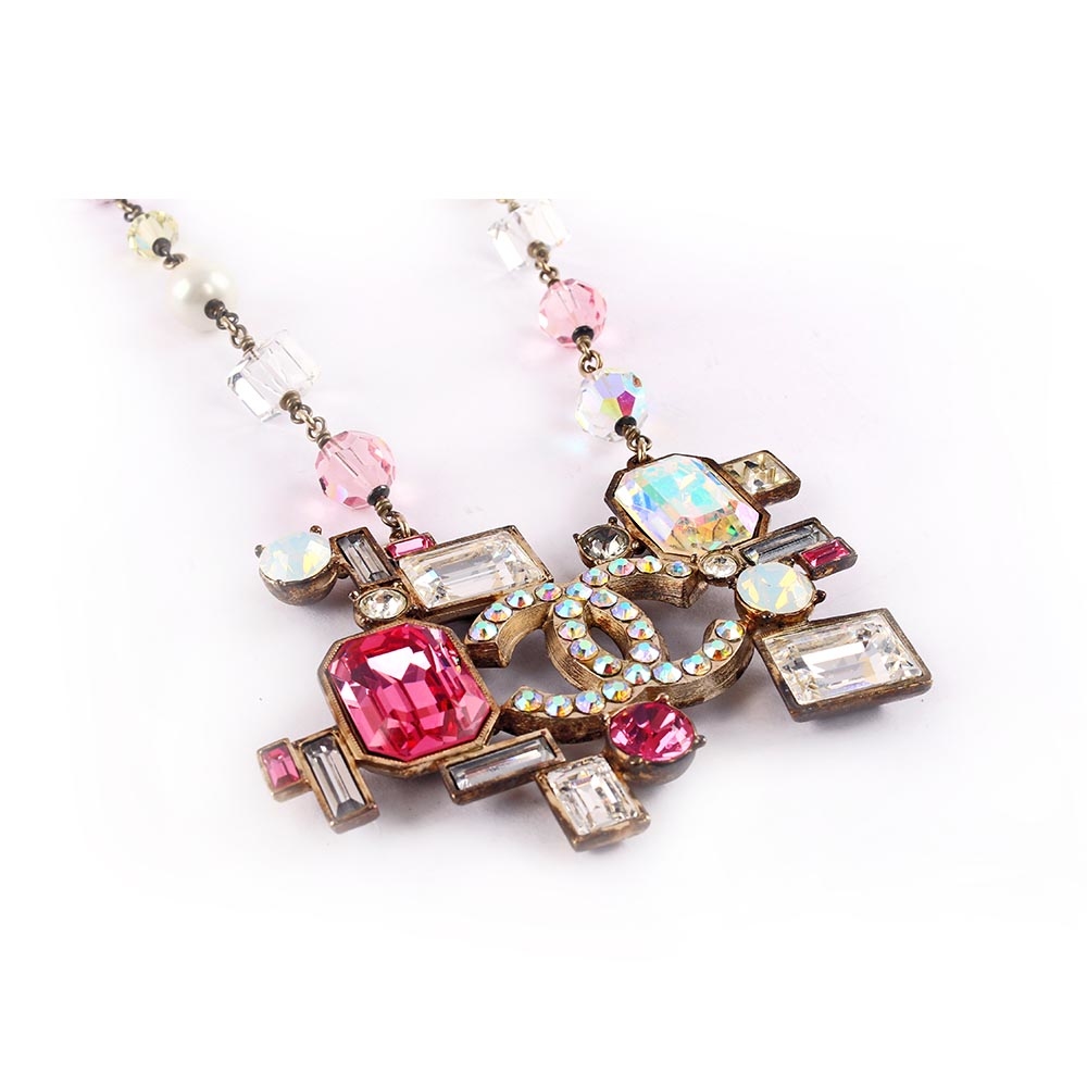 【CHANEL】CC LOGO粉色寶石造型項鏈