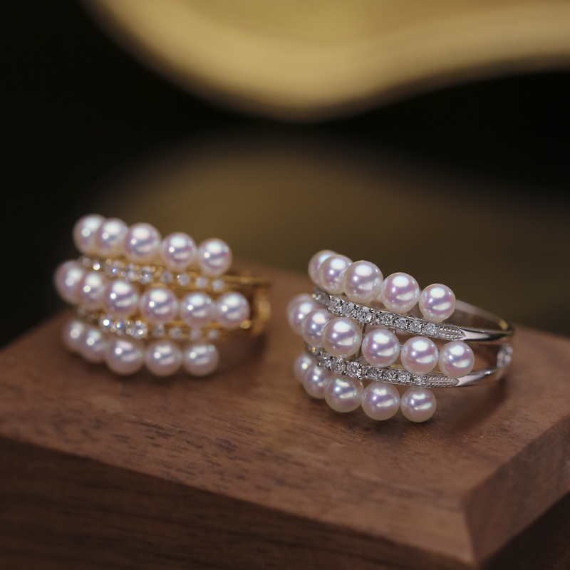Shinny Pearl - 18K Gold Japanese Akoya Pearl Diamonds Ring