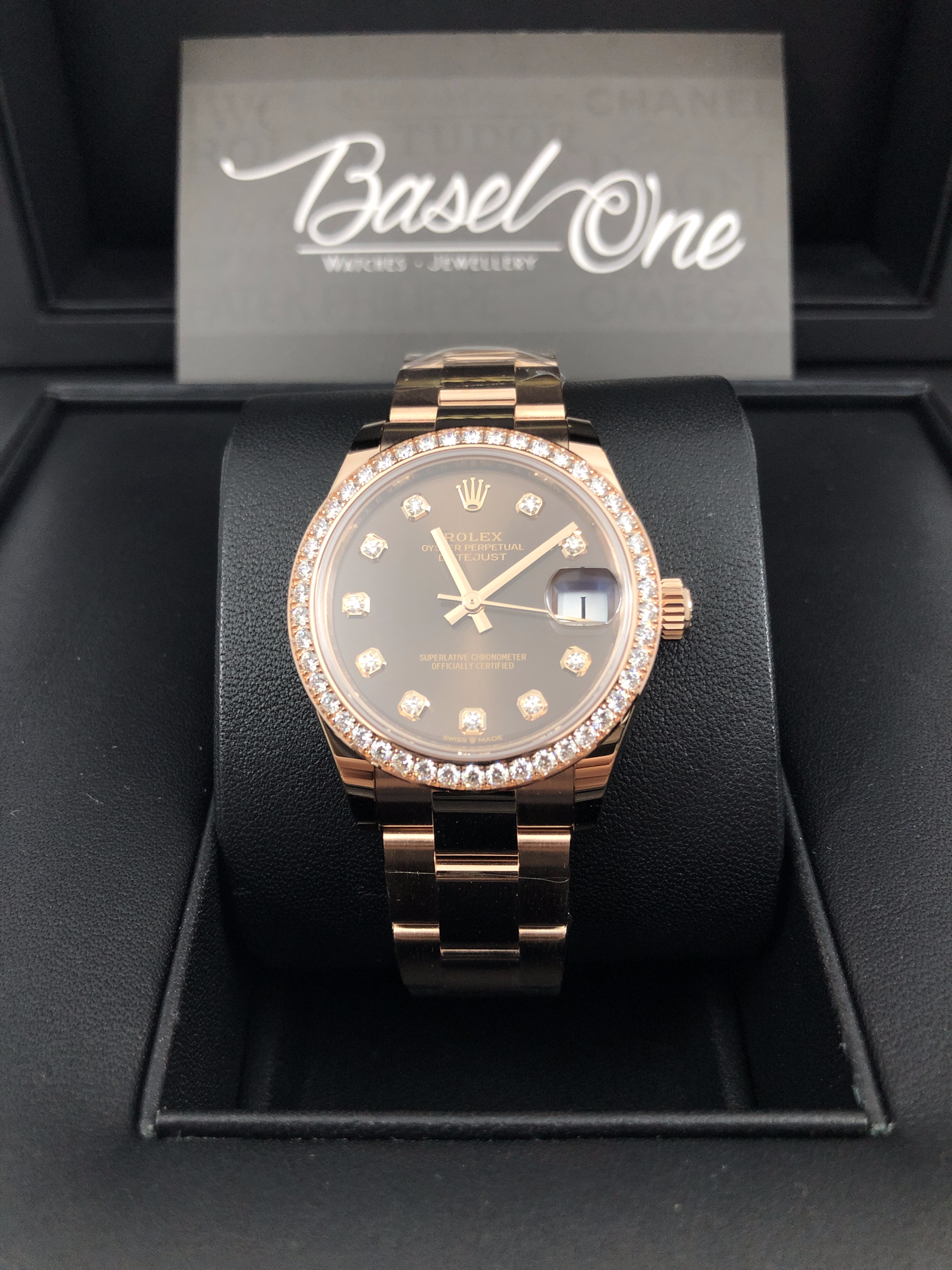BRAND NEW ROLEX 278285G RBR DATEJUST 31 CHOCOLATE DIAMOND DIAL WITH DIAMOND BEZEL OYSTER ROSE GOLD STRAP