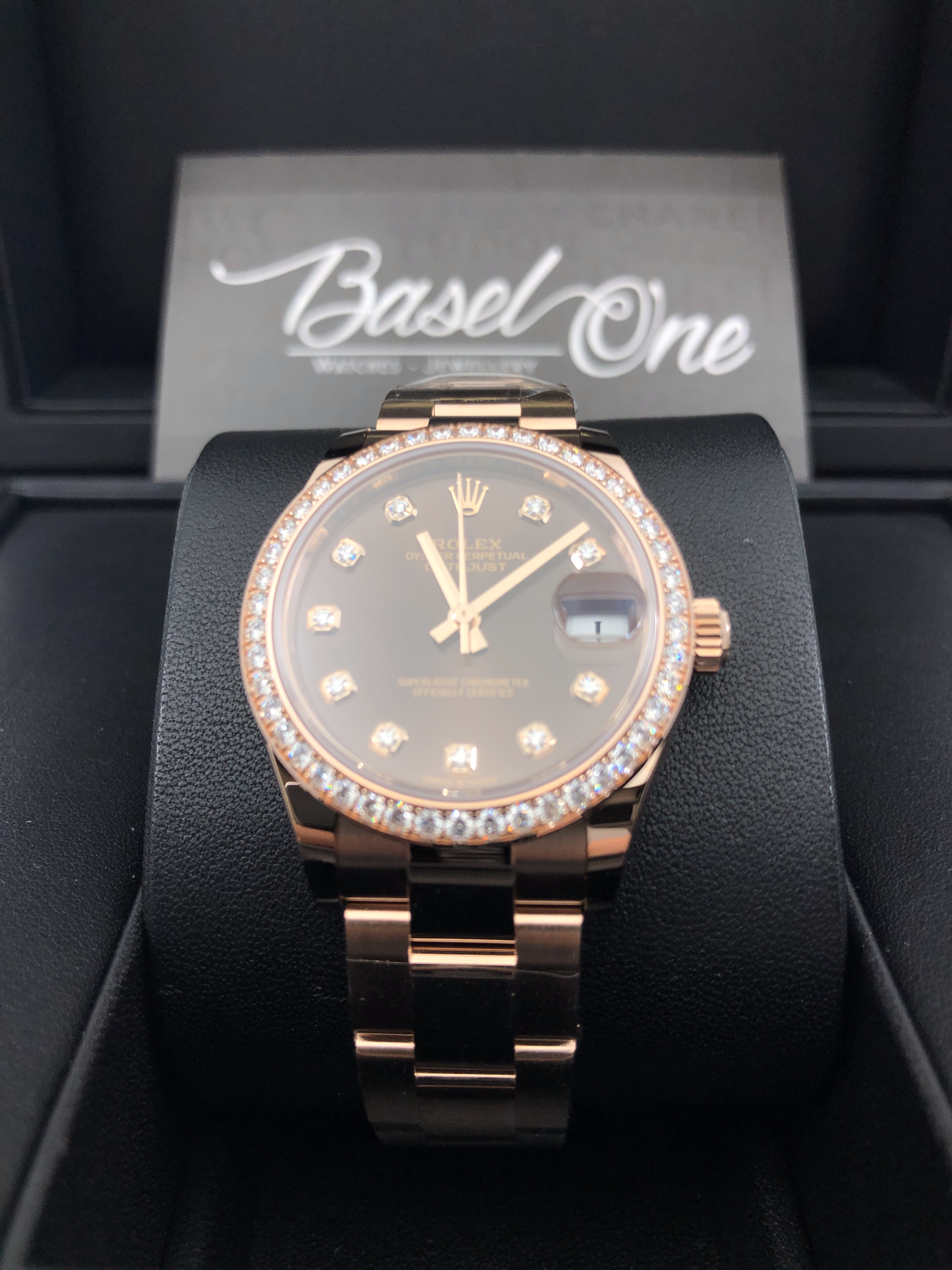 BRAND NEW ROLEX 278285G RBR DATEJUST 31 CHOCOLATE DIAMOND DIAL WITH DIAMOND BEZEL OYSTER ROSE GOLD STRAP