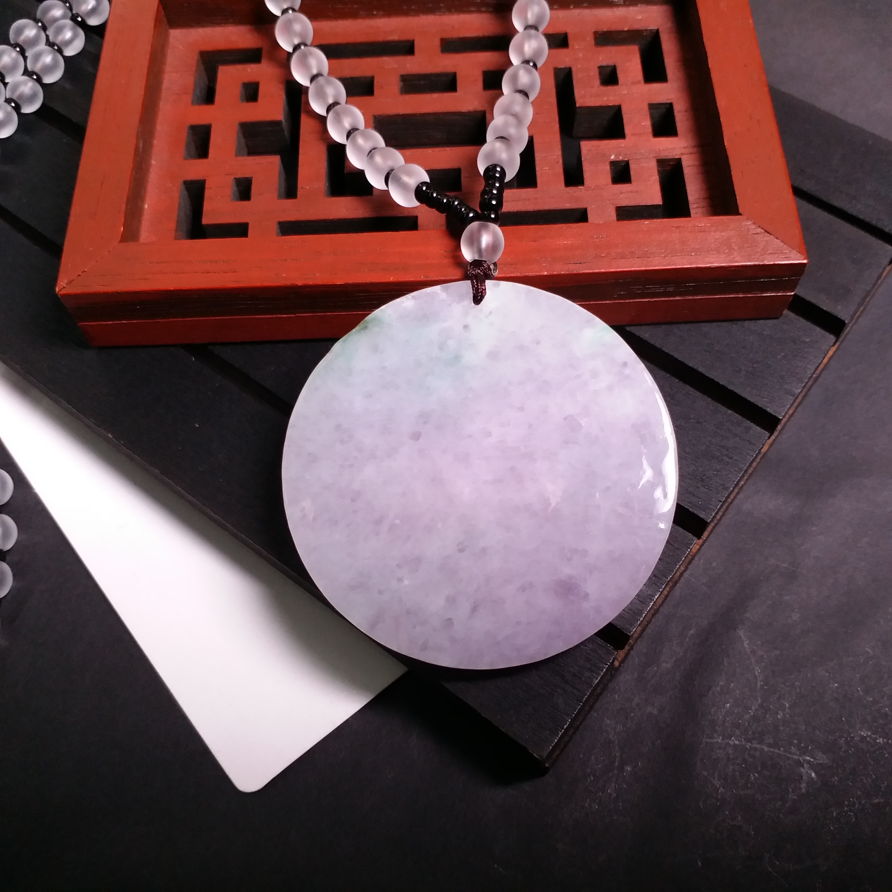 冰糯春彩無事圓牌配水晶珠項鍊 (53.3mm直徑), 天然翡翠A玉, 緬甸玉, Jade, Jadeite