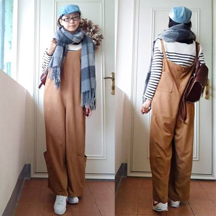 許許兒顧客實穿夢遊仿麂皮卡其吊帶褲