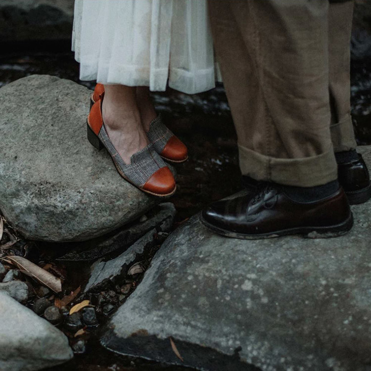 許許兒小步舞曲拼接格紋布中跟鞋