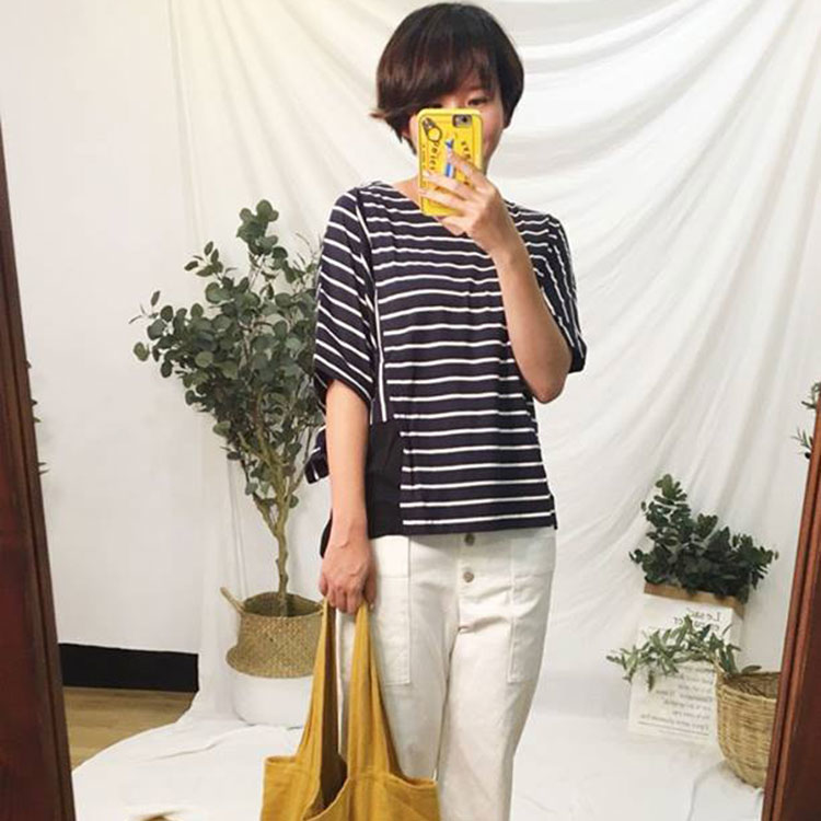 不對稱設計許許兒有機棉條紋上衣