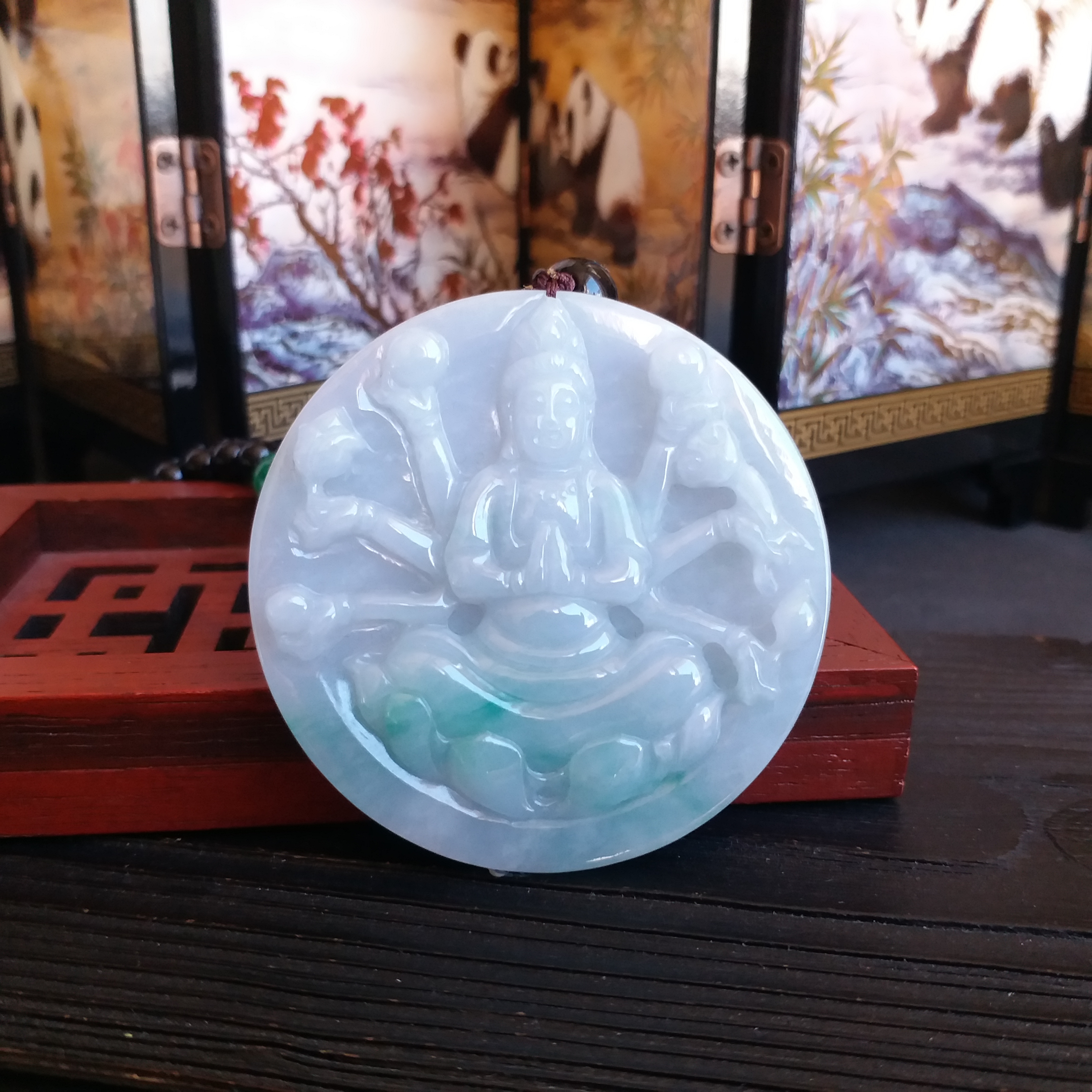 冰糯飄綠千手觀音吊墜 (53.6mm直徑), 天然翡翠A玉, 緬甸玉, Jade, Jadeite