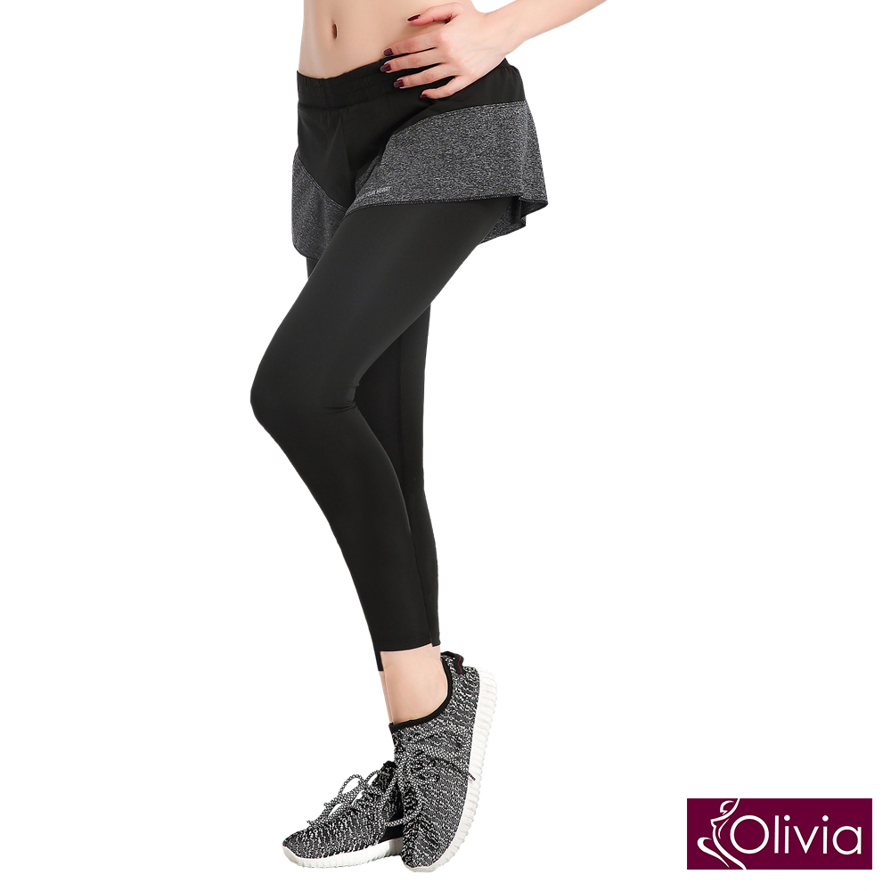 運動褲 Olivia 顯瘦荷葉邊排汗速乾運動9分褲-黑灰