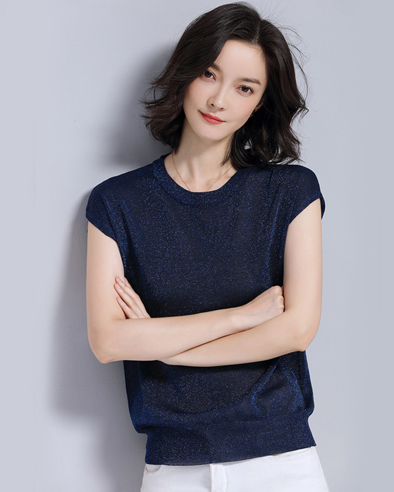 藏青L【零碼出清不退換】圓領半袖金絲針織上衣