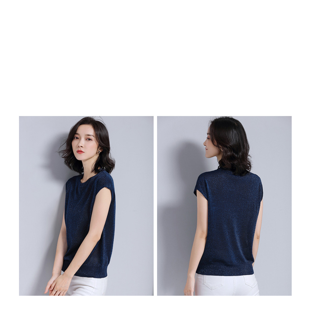 DEER.W圓領半袖金絲針織上衣 藏青