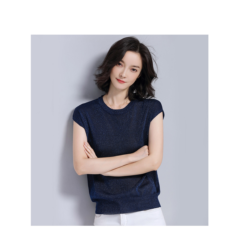 DEER.W圓領半袖金絲針織上衣 藏青