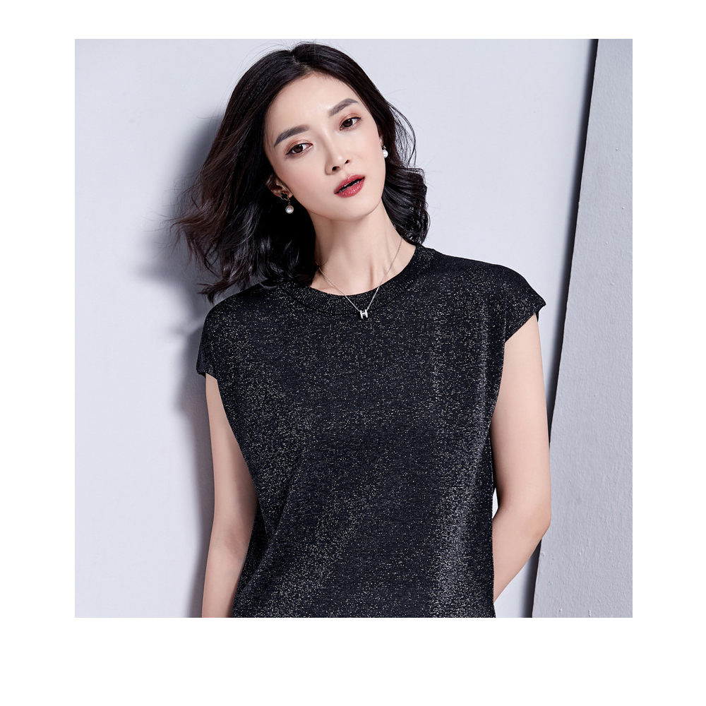 DEER.W圓領半袖金絲針織上衣 黑色