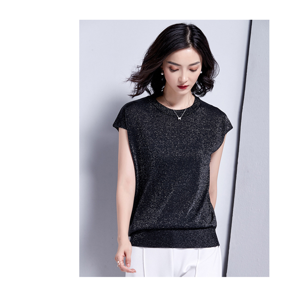 DEER.W圓領半袖金絲針織上衣 黑色