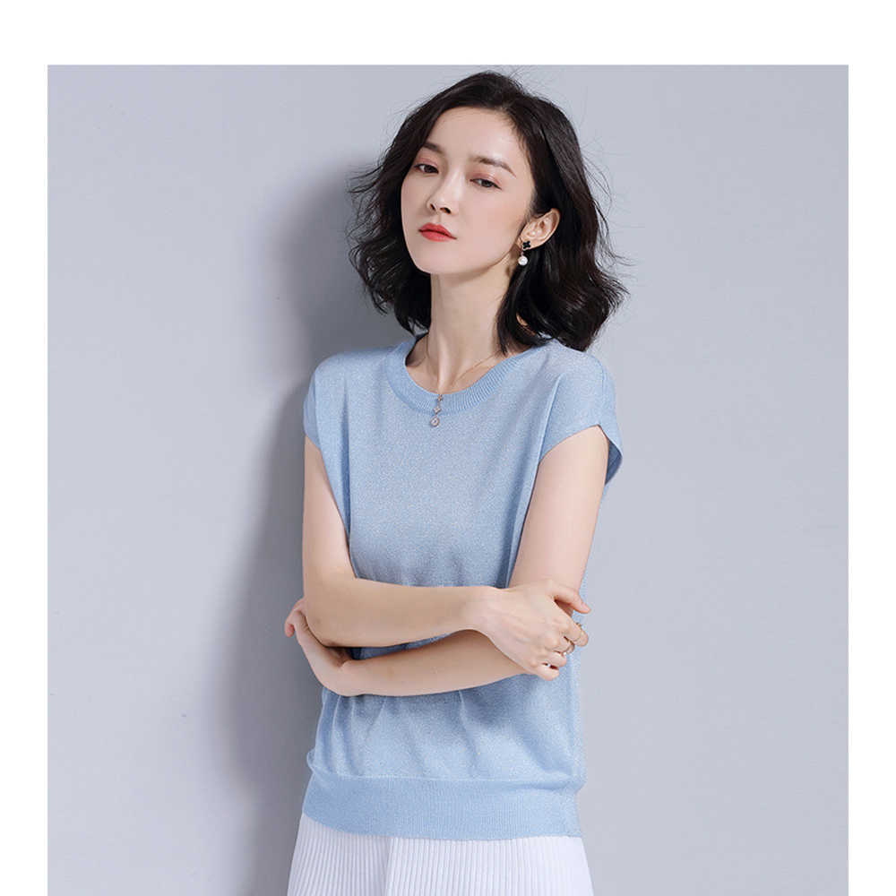 DEER.W圓領半袖金絲針織上衣 淺藍