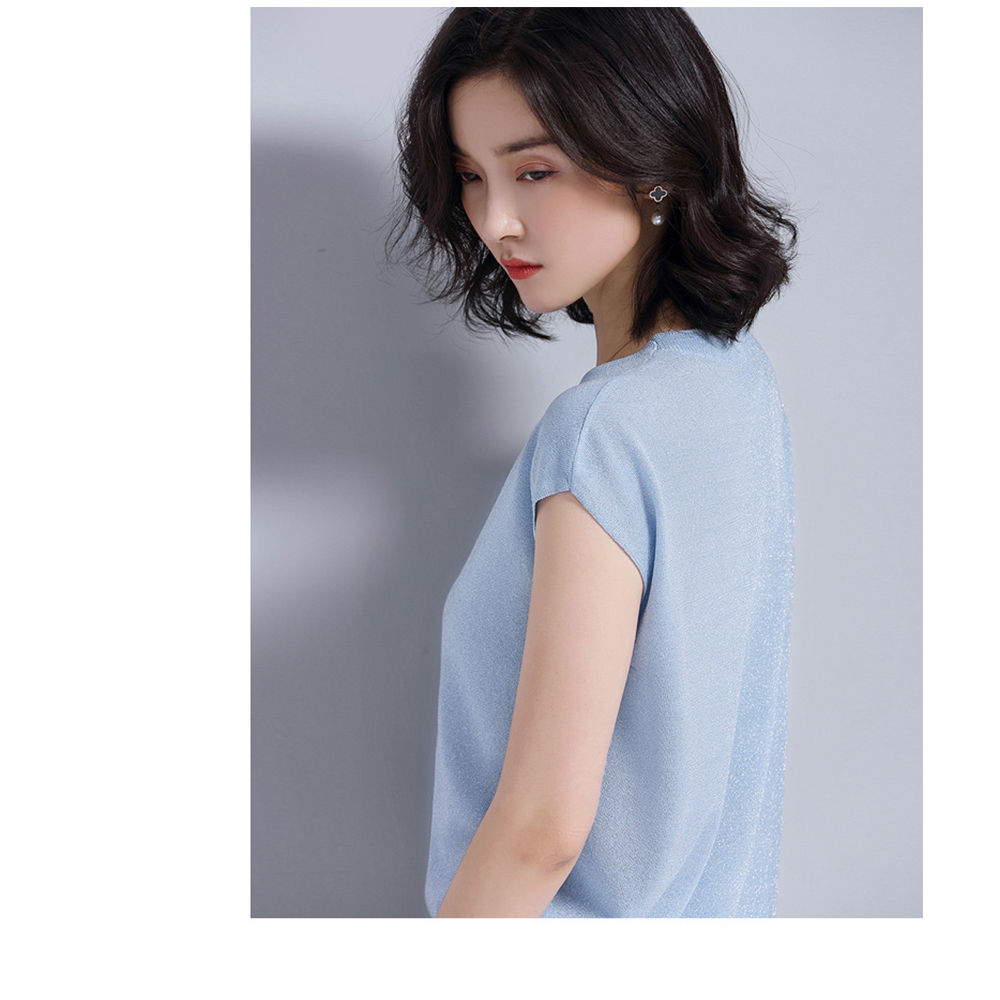 DEER.W圓領半袖金絲針織上衣 淺藍