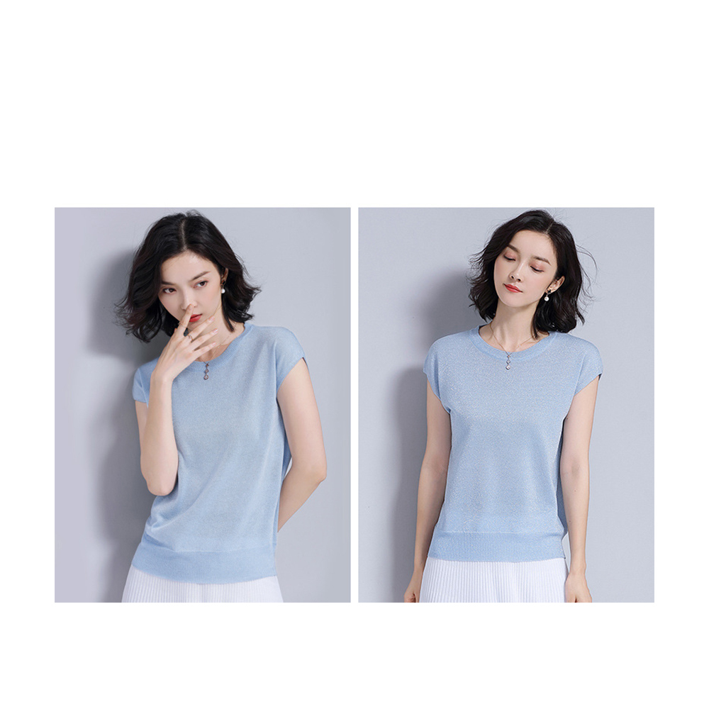 DEER.W圓領半袖金絲針織上衣 淺藍