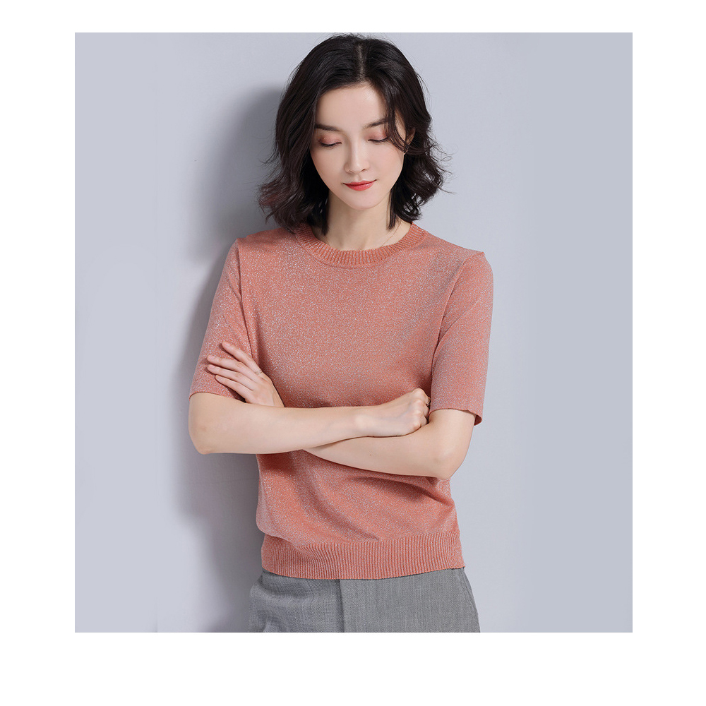 DEER.W 圓領短袖金絲針織上衣 粉橘