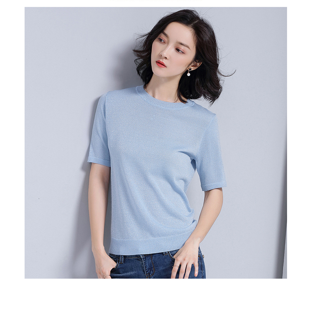 DEER.W 圓領短袖金絲針織上衣 淺藍