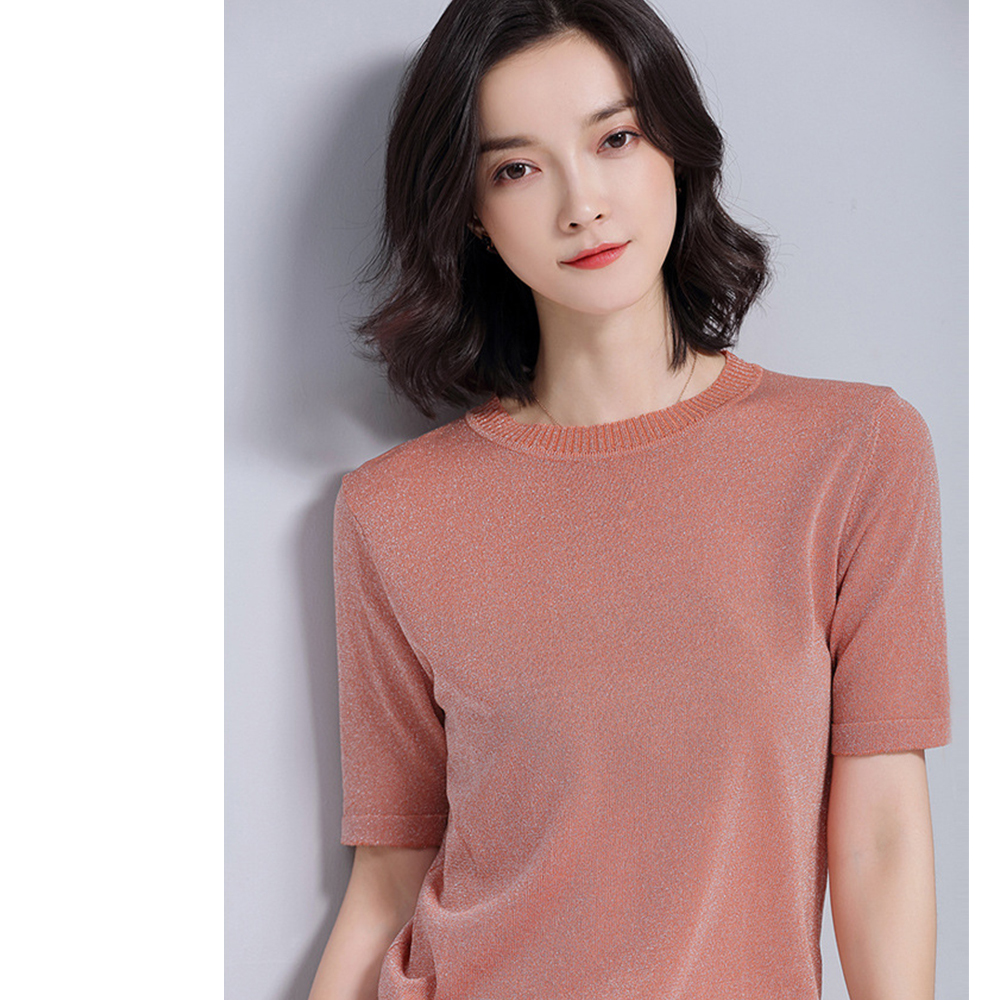 DEER.W 圓領短袖金絲針織上衣 粉橘