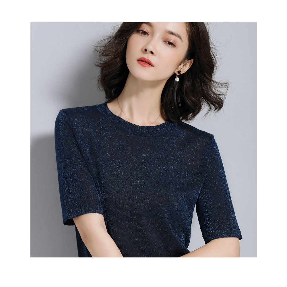 DEER.W 圓領短袖金絲針織上衣 藏青