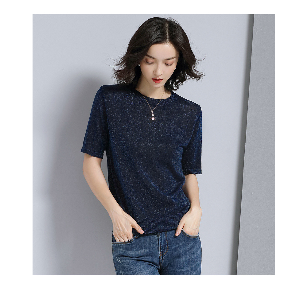 DEER.W 圓領短袖金絲針織上衣 藏青