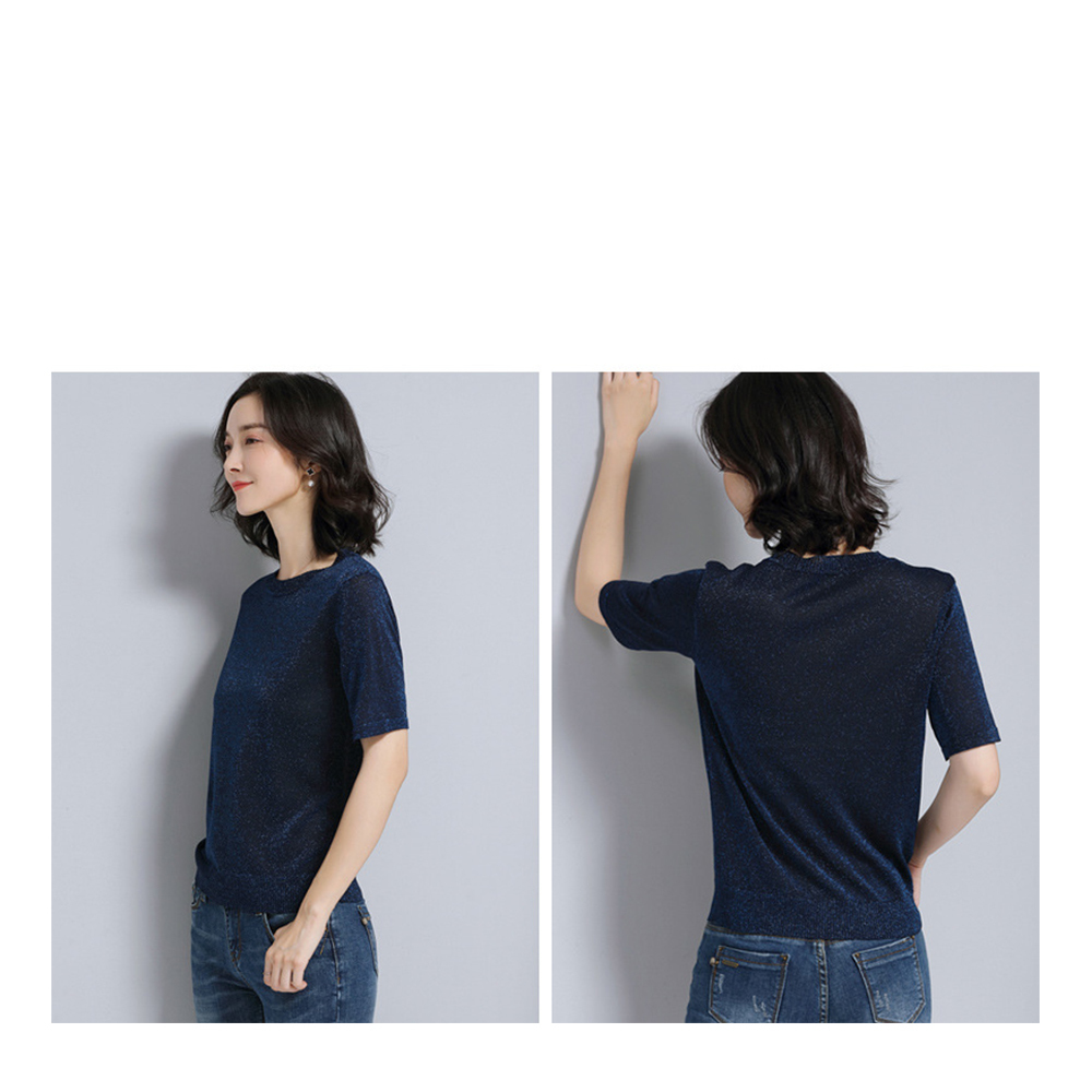 DEER.W 圓領短袖金絲針織上衣 藏青