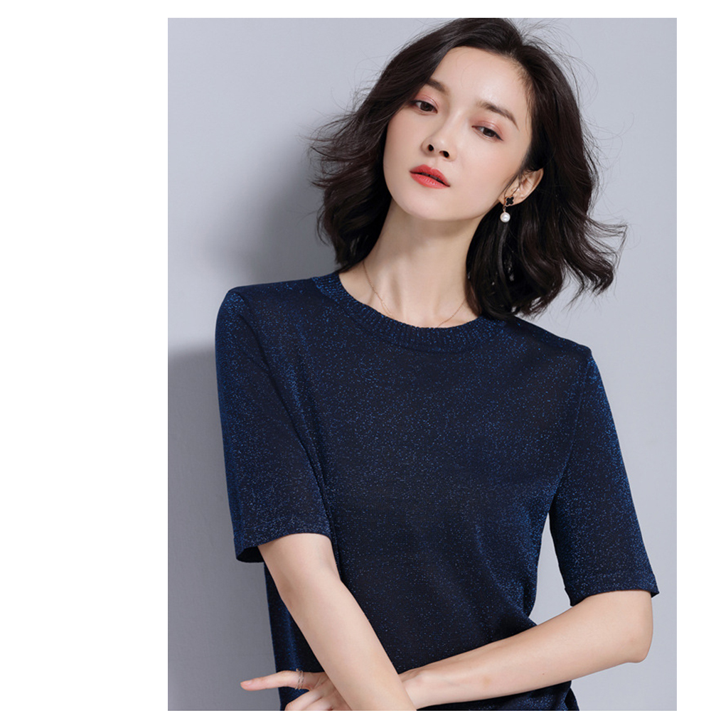 DEER.W 圓領短袖金絲針織上衣 藏青