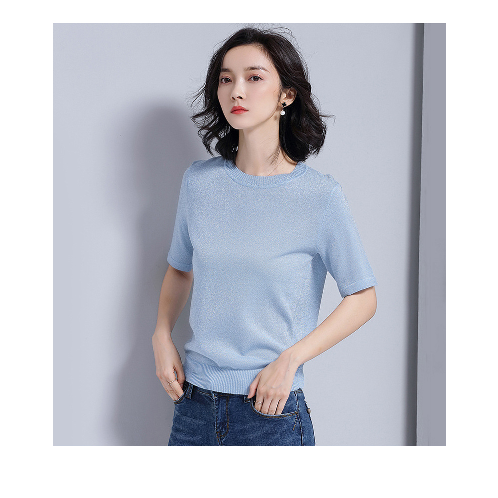 DEER.W 圓領短袖金絲針織上衣 淺藍