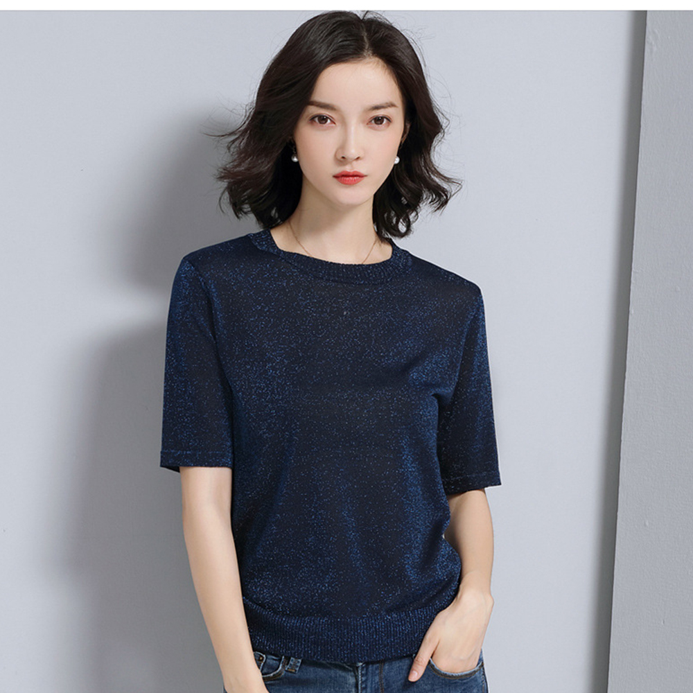 DEER.W 圓領短袖金絲針織上衣 藏青
