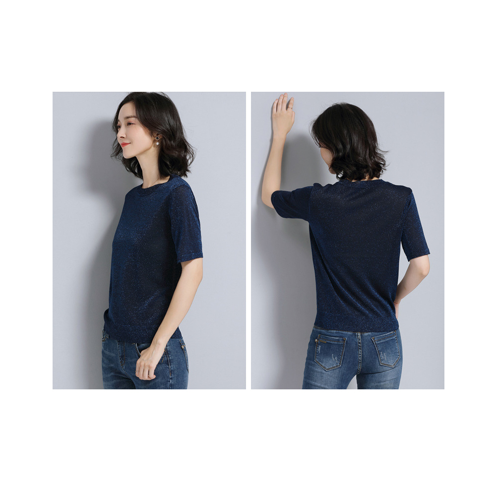 DEER.W 圓領短袖金絲針織上衣 藏青