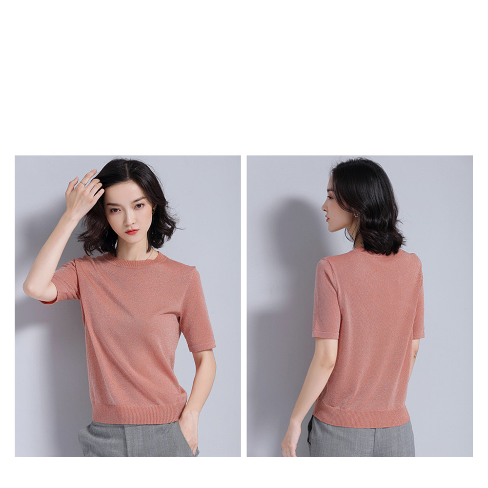 DEER.W 圓領短袖金絲針織上衣 粉橘