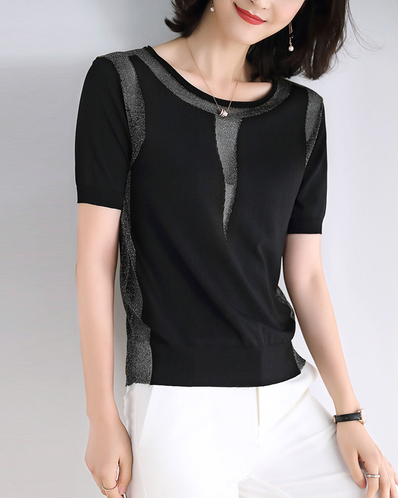 銀線/黑S【零碼出清不退換】鏤空拼接冰絲針織上衣