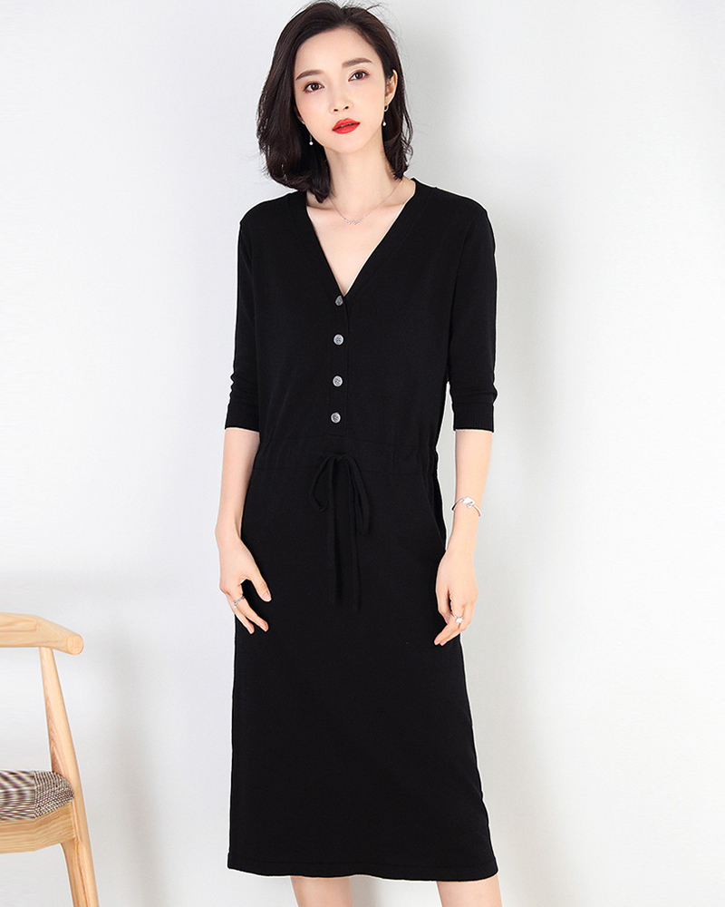 黃駝L【零碼出清不退換】開襟排釦抽繩針織洋裝