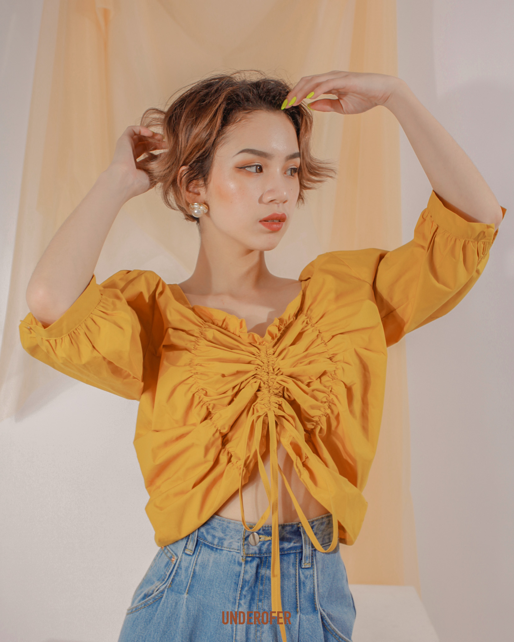 【零碼】UNDEROFER-澎澎七分袖抓皺下襬抽繩上衣 TLUX6F6270419